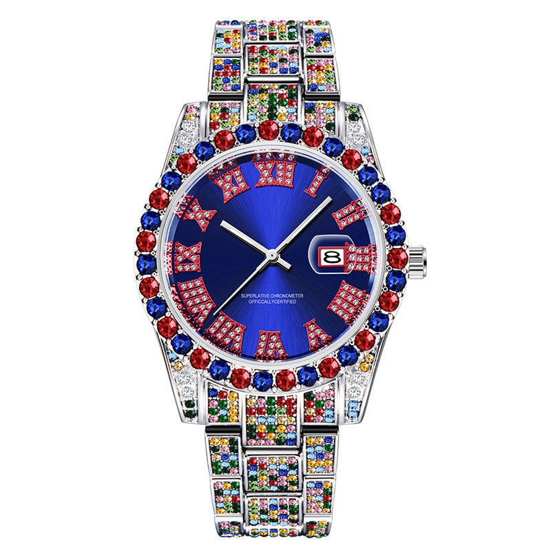 Men's Hip Hop Color Full Diamond Date Quartz Watches