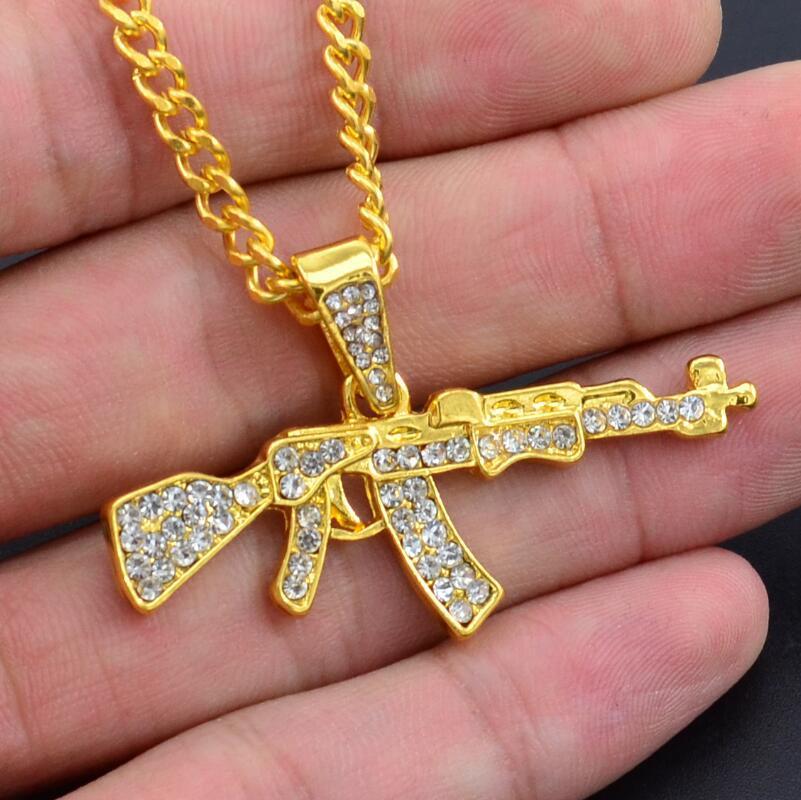 Gun Shape Pendant Rhinestone Army Style Male Necklace