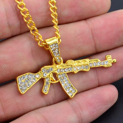 Gun Shape Pendant Rhinestone Army Style Male Necklace