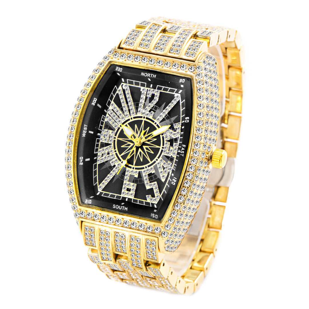 Men's Bucket Shaped Full Diamond Large Dial Watch