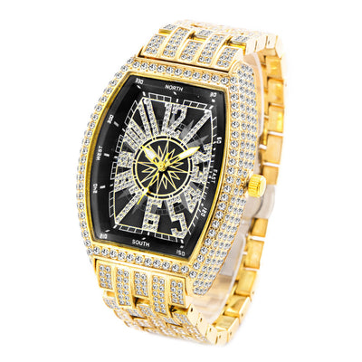 Men's Bucket Shaped Full Diamond Large Dial Watch