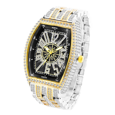 Men's Bucket Shaped Full Diamond Large Dial Watch