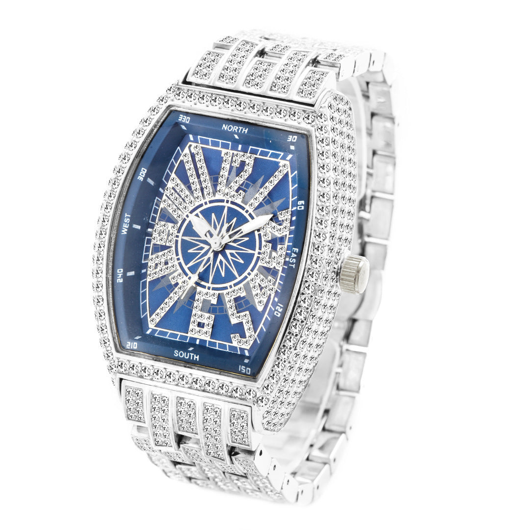 Men's Bucket Shaped Full Diamond Large Dial Watch