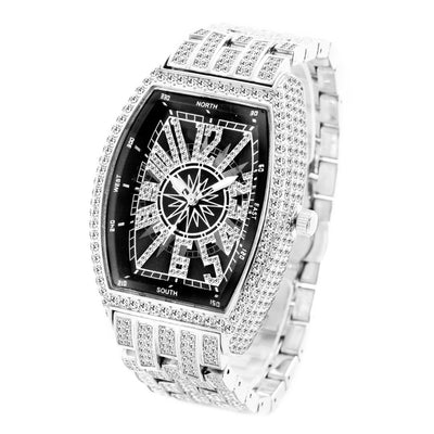 Men's Bucket Shaped Full Diamond Large Dial Watch