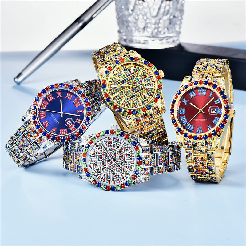 Men's Hip Hop Color Full Diamond Date Quartz Watches