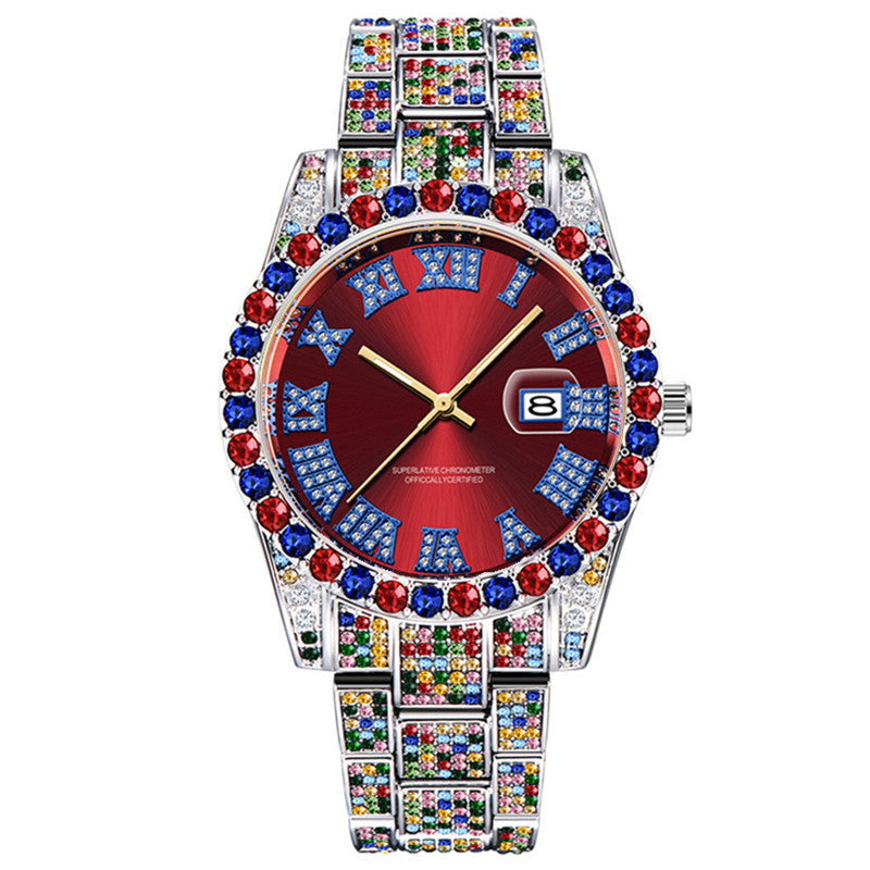 Men's Hip Hop Color Full Diamond Date Quartz Watches