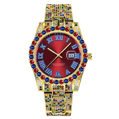 Men's Hip Hop Color Full Diamond Date Quartz Watches