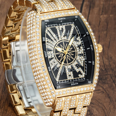 Men's Bucket Shaped Full Diamond Large Dial Watch