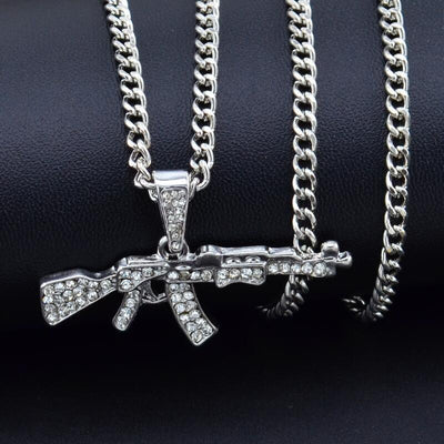 Gun Shape Pendant Rhinestone Army Style Male Necklace