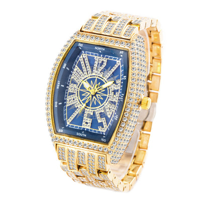 Men's Bucket Shaped Full Diamond Large Dial Watch