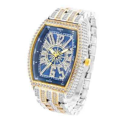 Men's Bucket Shaped Full Diamond Large Dial Watch