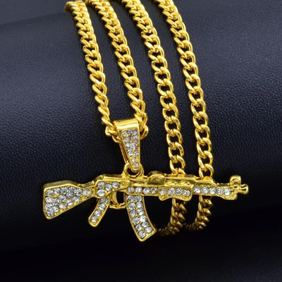 Gun Shape Pendant Rhinestone Army Style Male Necklace