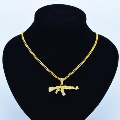 Gun Shape Pendant Rhinestone Army Style Male Necklace