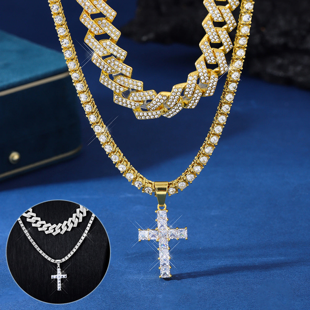 Zircon Cross Pendant Iced Out Paved Rhinestones Bling Necklaces