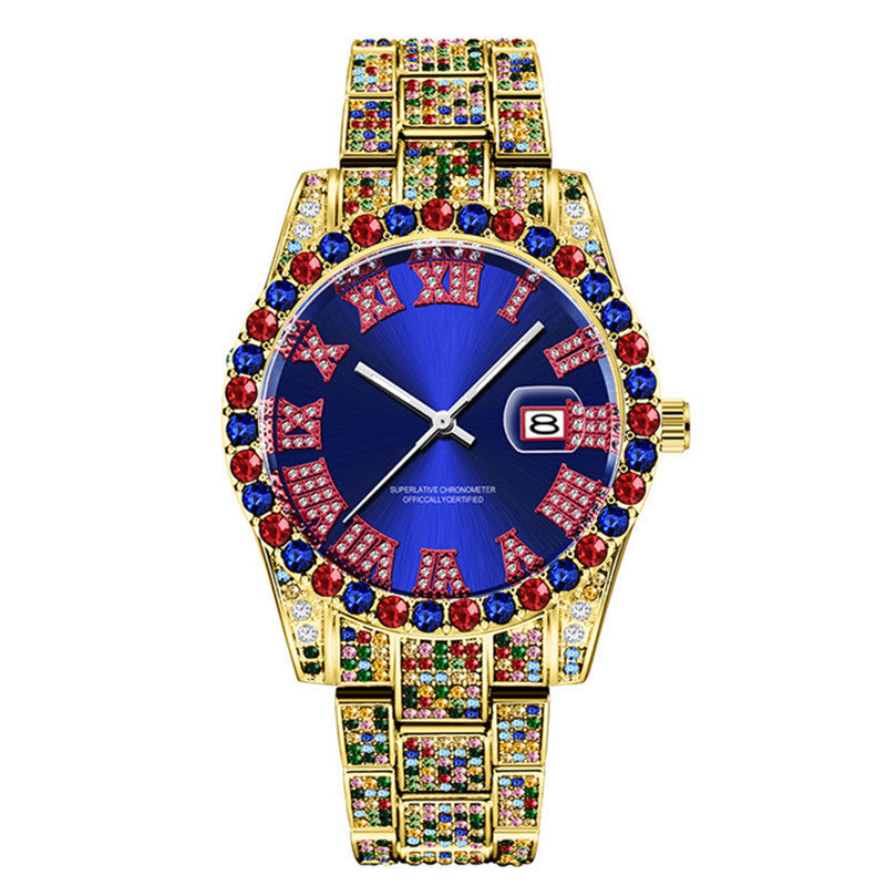 Men's Hip Hop Color Full Diamond Date Quartz Watches