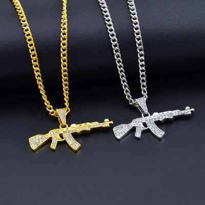 Gun Shape Pendant Rhinestone Army Style Male Necklace